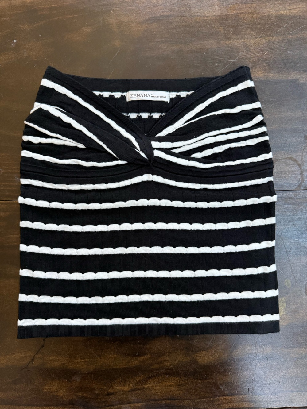 Zenana Outfitters Black & White Striped Knit Top with Twist Detail